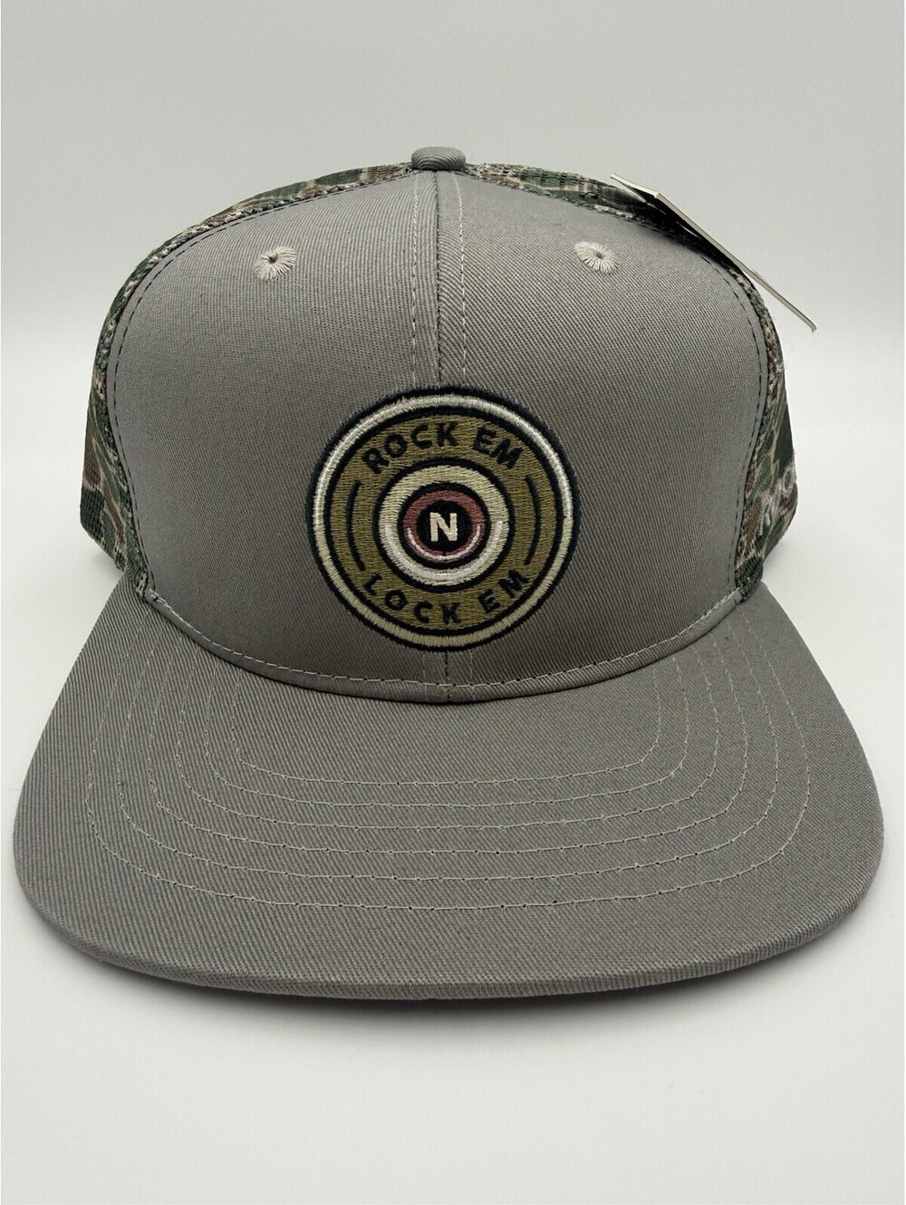 Roost Brass Rock Em Lock Em Gray Camo Hat Hunting Snapback NWT